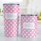 Personalized Pink Polka Dot Tumbler Cup (20oz and 10oz, stainless steel insulated) at Amy's Coffee Mugs. A tumbler cup designed with a pattern of white polka dots over a pink background color that wraps around the cup. Your name is personalized in a cute pink script font in a white frame design over the polka dot pattern. Photo shows both sized cups on a table next to each other.