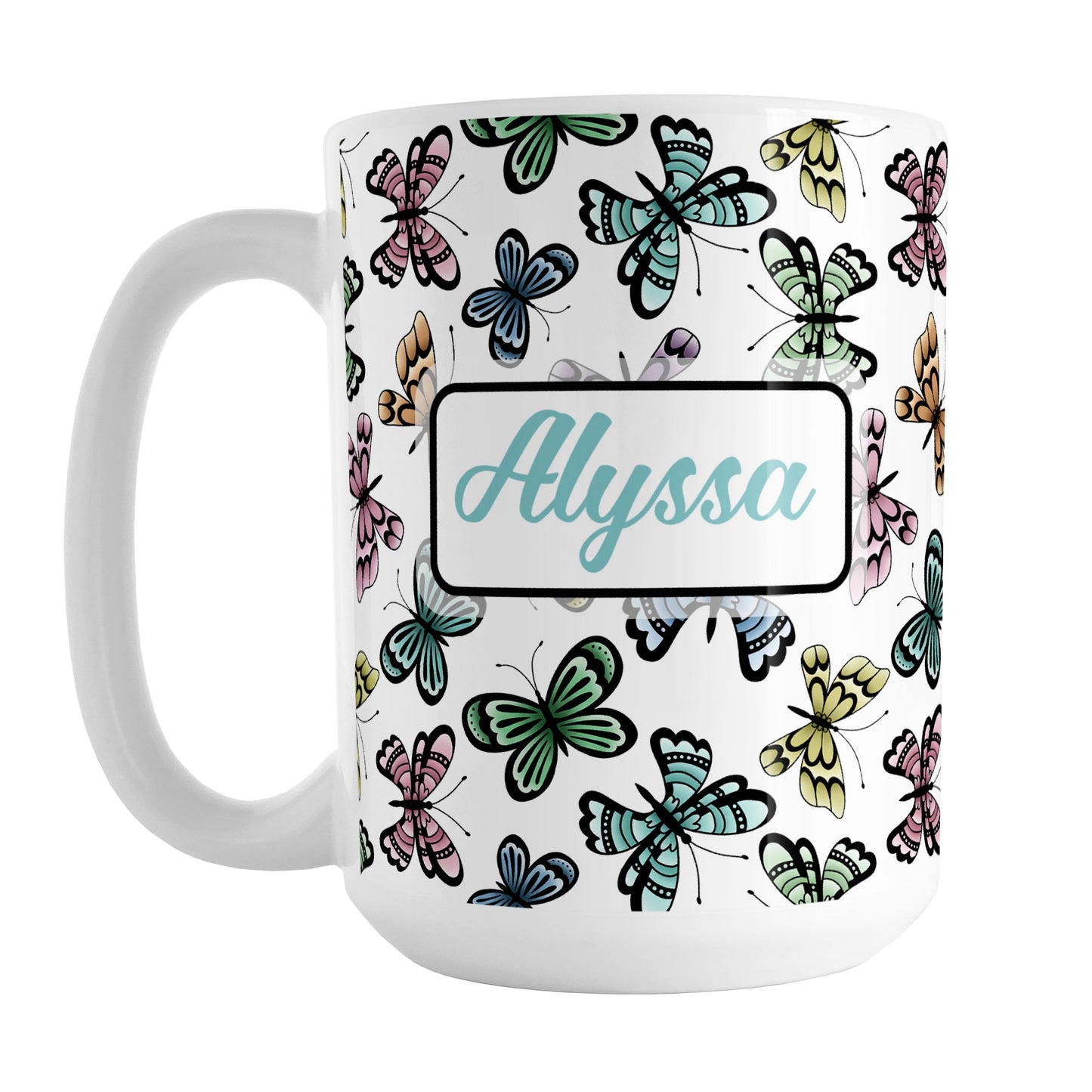 Personalized Pretty Butterfly Pattern Mug (15oz) at Amy's Coffee Mugs. A ceramic coffee mug designed with pretty and colorful butterflies in a pattern that wraps around the mug to the handle. Your name is personalized in turquoise on both sides of the mug. 