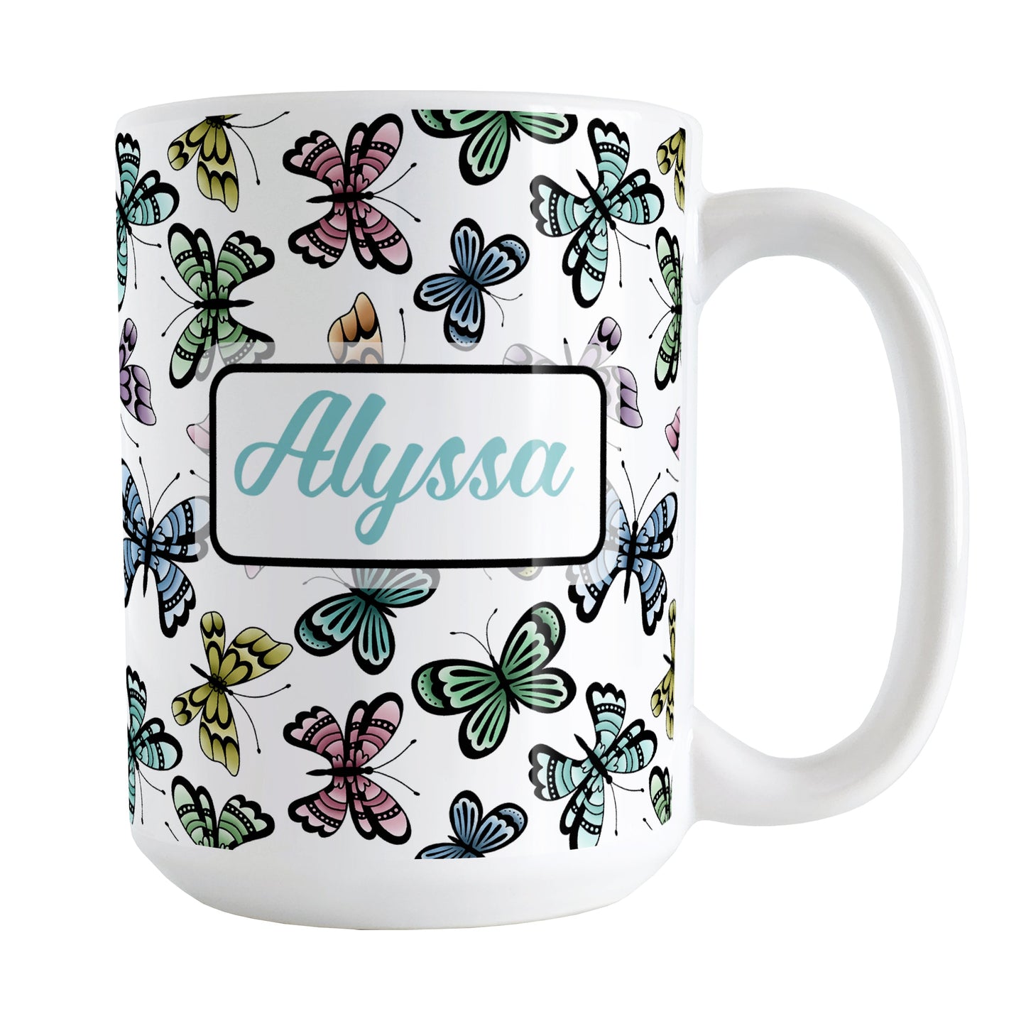 Personalized Pretty Butterfly Pattern Mug (15oz) at Amy's Coffee Mugs. A ceramic coffee mug designed with pretty and colorful butterflies in a pattern that wraps around the mug to the handle. Your name is personalized in turquoise on both sides of the mug. 