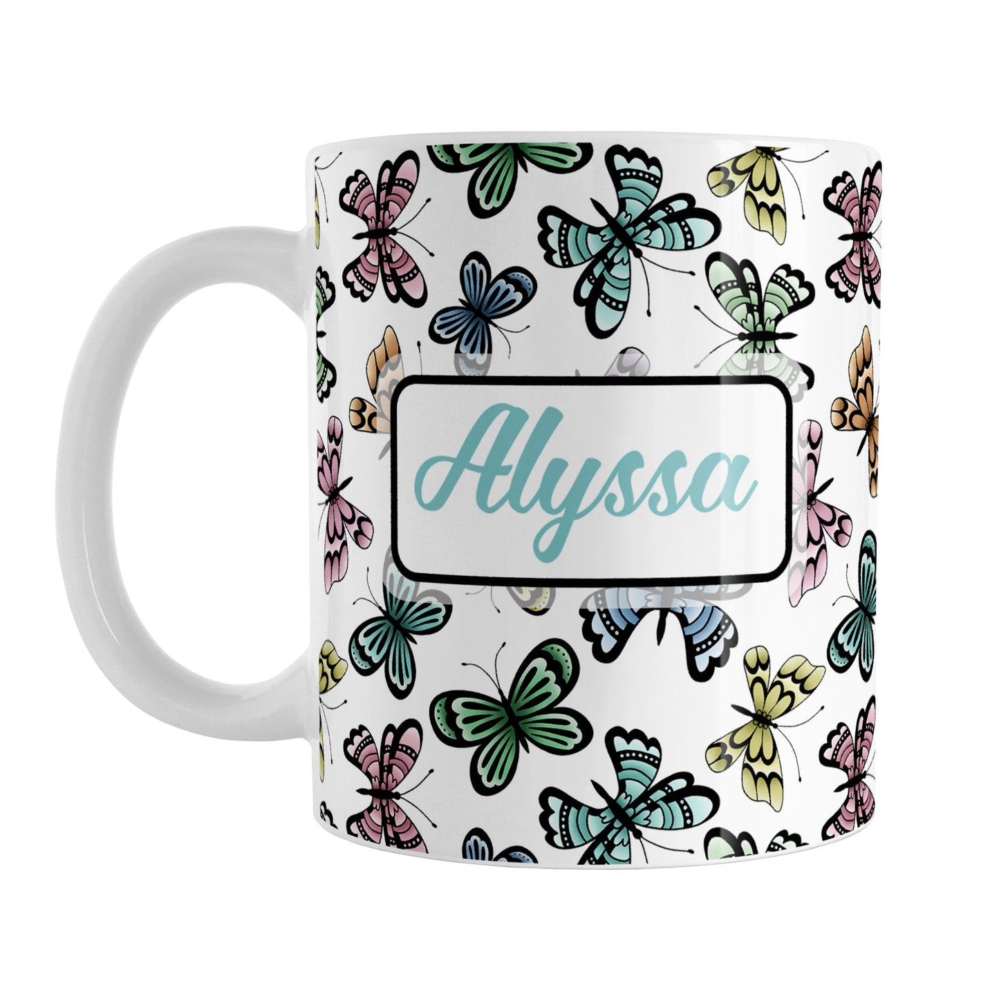 Personalized Pretty Butterfly Pattern Mug (11oz) at Amy's Coffee Mugs. A ceramic coffee mug designed with pretty and colorful butterflies in a pattern that wraps around the mug to the handle. Your name is personalized in turquoise on both sides of the mug. 