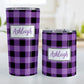 Personalized Purple and Black Buffalo Plaid Tumbler Cup (20oz and 10oz, stainless steel insulated) at Amy's Coffee Mugs