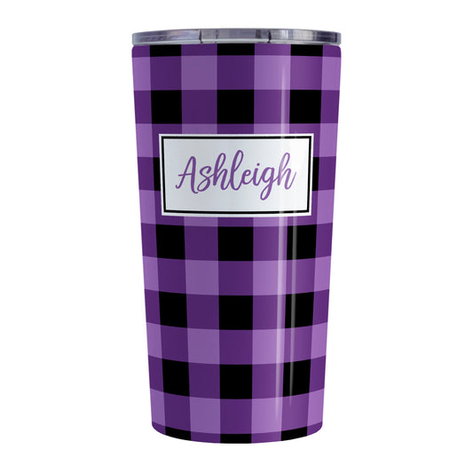 Personalized Purple and Black Buffalo Plaid Tumbler Cup (20oz, stainless steel insulated) at Amy's Coffee Mugs