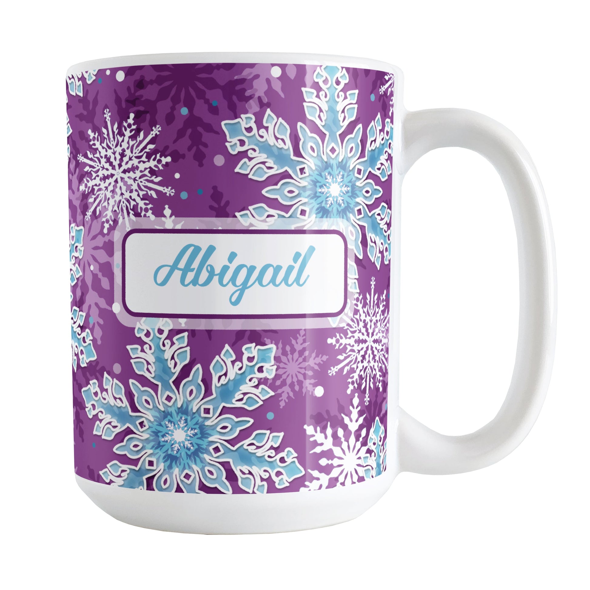 Personalized Purple Blue Snowflake Winter Mug (15oz) at Amy's Coffee Mugs. A ceramic coffee mug designed with a pattern of aqua blue and white snowflakes over a purple background color that wraps around the mug to the handle. Your name is custom printed in an aqua blue script font on both sides of this winter themed mug.