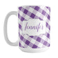 Personalized Purple Gingham Mug (15oz) at Amy's Coffee Mugs. A ceramic coffee mug designed with a slanted purple and white gingham pattern that wraps around the mug up to the handle. Your personalized name is custom-printed in a purple script font on both sides of the mug over the gingham pattern.