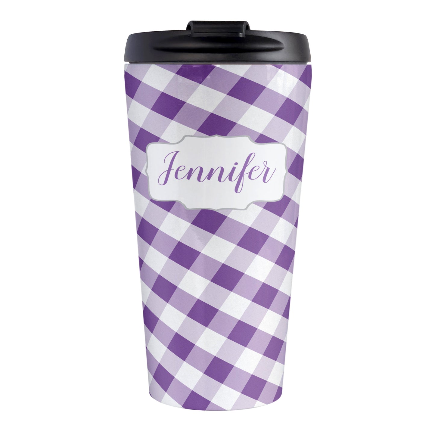 Personalized Purple Gingham Travel Mug (15oz, stainless steel insulated) at Amy's Coffee Mugs