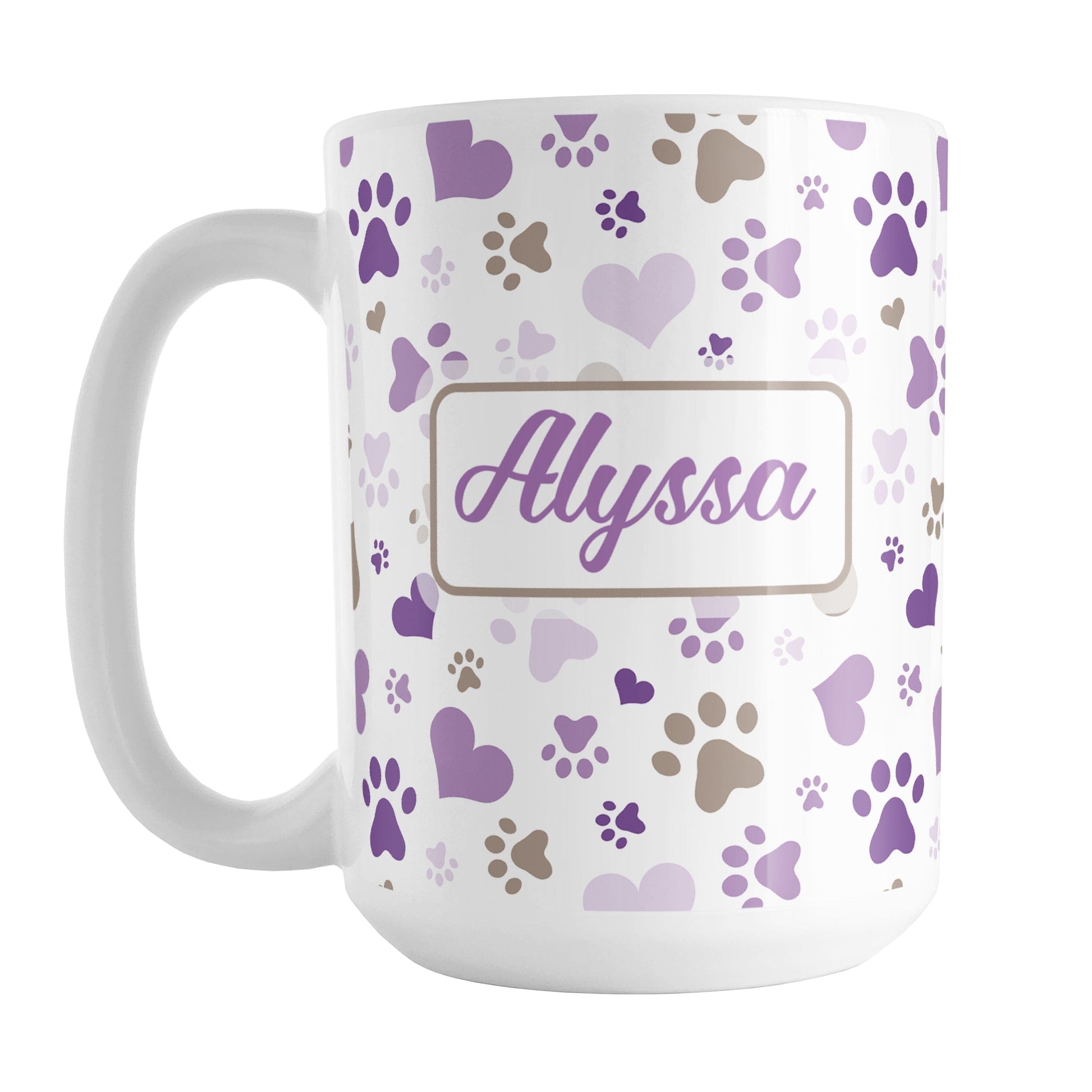 Personalized Purple Hearts and Paw Prints Mug (15oz) at Amy's Coffee Mugs. A ceramic coffee mug designed with a pattern of hearts and paw prints in brown and different shades of purple that wraps around the mug to the handle. Your personalized name is printed in purple on both sides of the mug, making it the perfect gift. This mug is perfect for people love dogs and cute paw print designs.