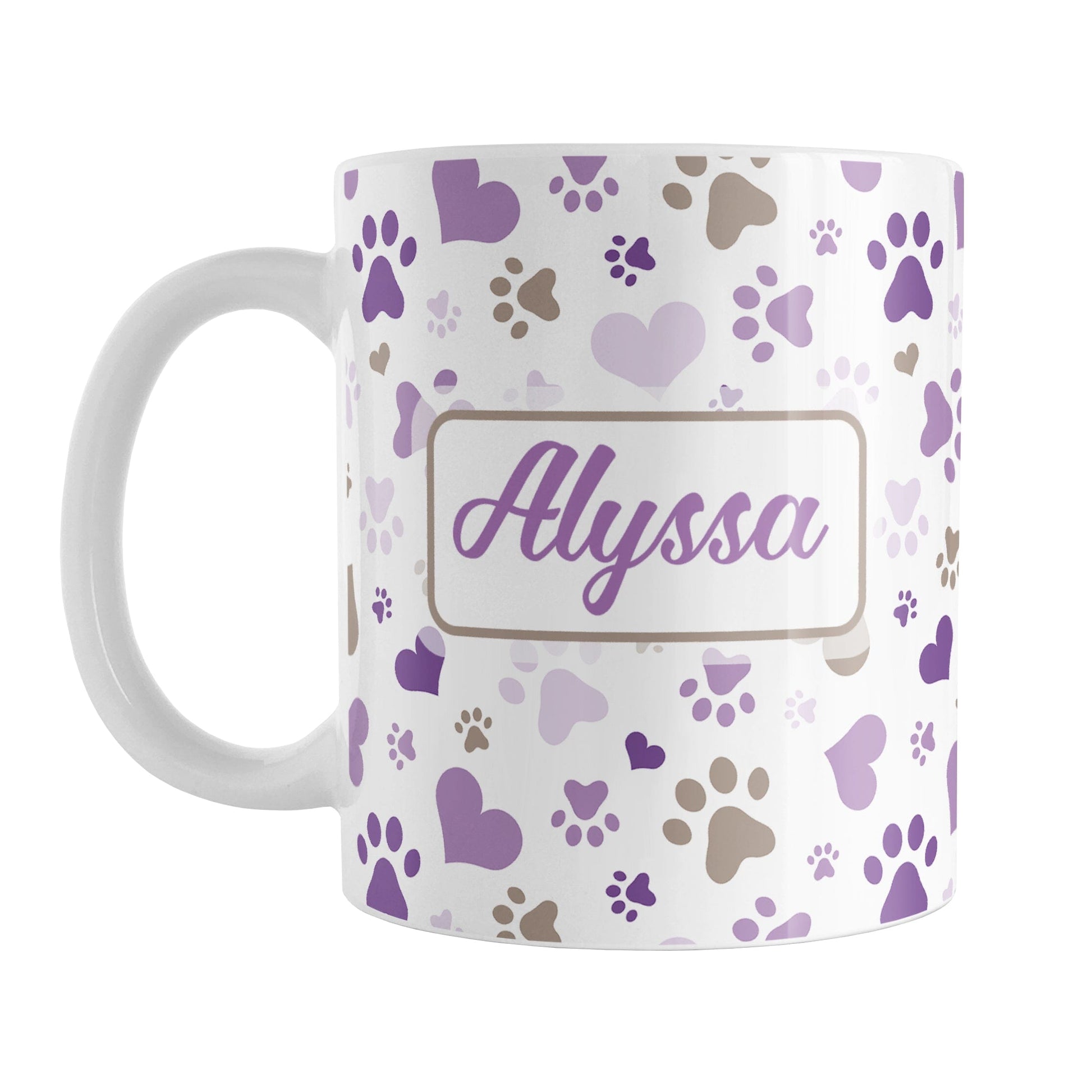Personalized Purple Hearts and Paw Prints Mug (11oz) at Amy's Coffee Mugs. A ceramic coffee mug designed with a pattern of hearts and paw prints in brown and different shades of purple that wraps around the mug to the handle. Your personalized name is printed in purple on both sides of the mug, making it the perfect gift. This mug is perfect for people love dogs and cute paw print designs.