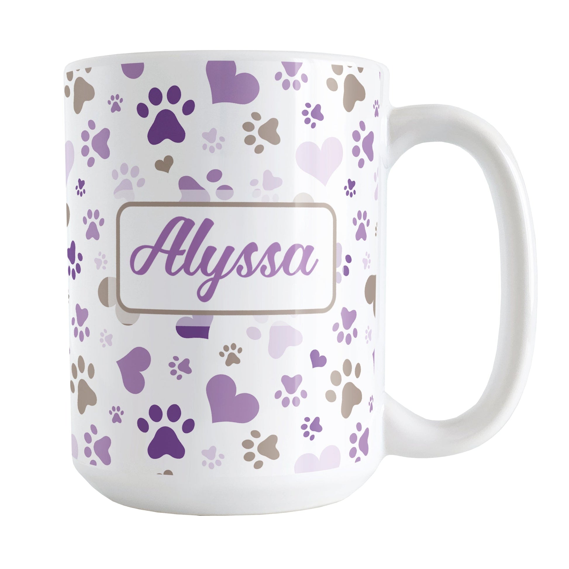 Personalized Purple Hearts and Paw Prints Mug (15oz) at Amy's Coffee Mugs. A ceramic coffee mug designed with a pattern of hearts and paw prints in brown and different shades of purple that wraps around the mug to the handle. Your personalized name is printed in purple on both sides of the mug, making it the perfect gift. This mug is perfect for people love dogs and cute paw print designs.