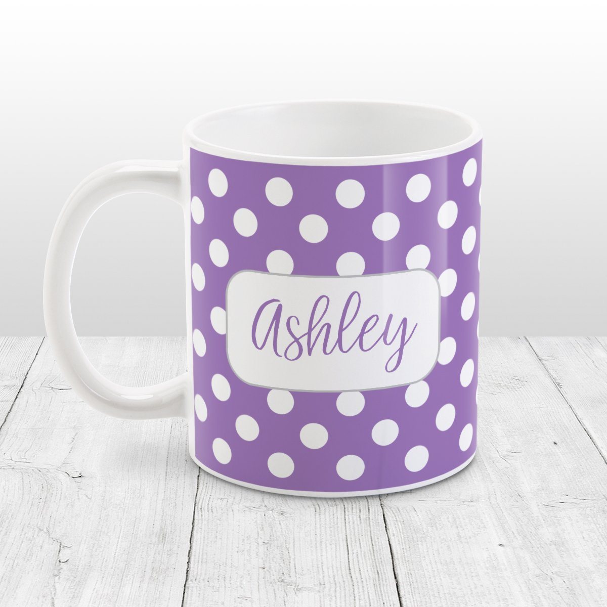 Personalized Purple Polka Dot Mug at Amy's Coffee Mugs