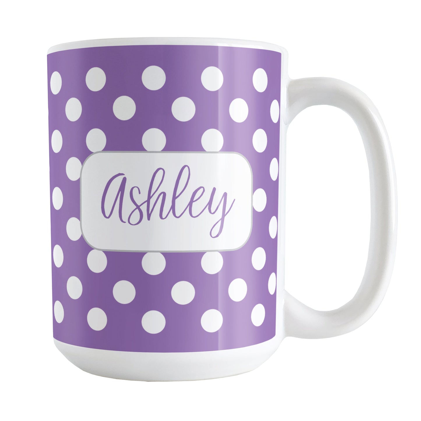 Personalized Purple Polka Dot Mug (15oz) at Amy's Coffee Mugs. A ceramic coffee mug designed with a pattern of white polka dots over a purple background color that wraps around the mug up to the handle. Your name is personalized in a cute purple script font in a white frame design on both sides of the mug over the polka dot pattern.