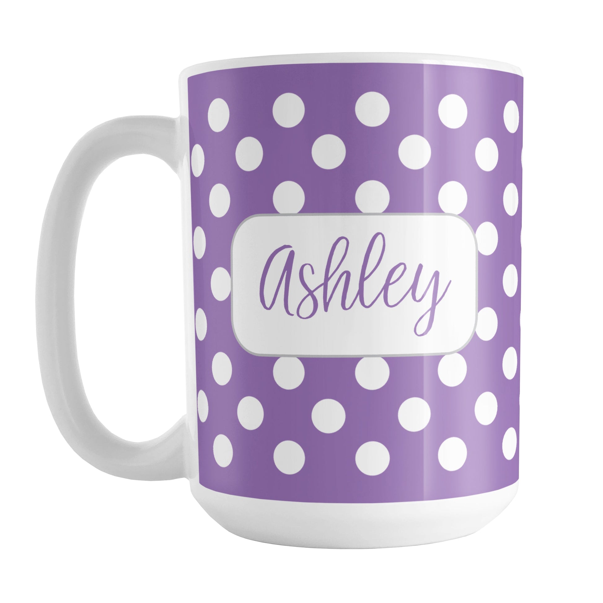 Personalized Purple Polka Dot Mug (15oz) at Amy's Coffee Mugs. A ceramic coffee mug designed with a pattern of white polka dots over a purple background color that wraps around the mug up to the handle. Your name is personalized in a cute purple script font in a white frame design on both sides of the mug over the polka dot pattern.