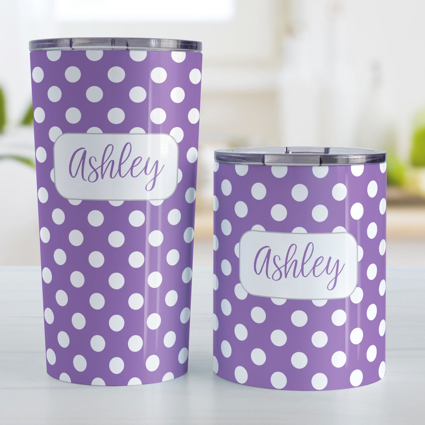 Personalized Purple Polka Dot Tumbler Cup (20oz and 10oz, stainless steel insulated) at Amy's Coffee Mugs