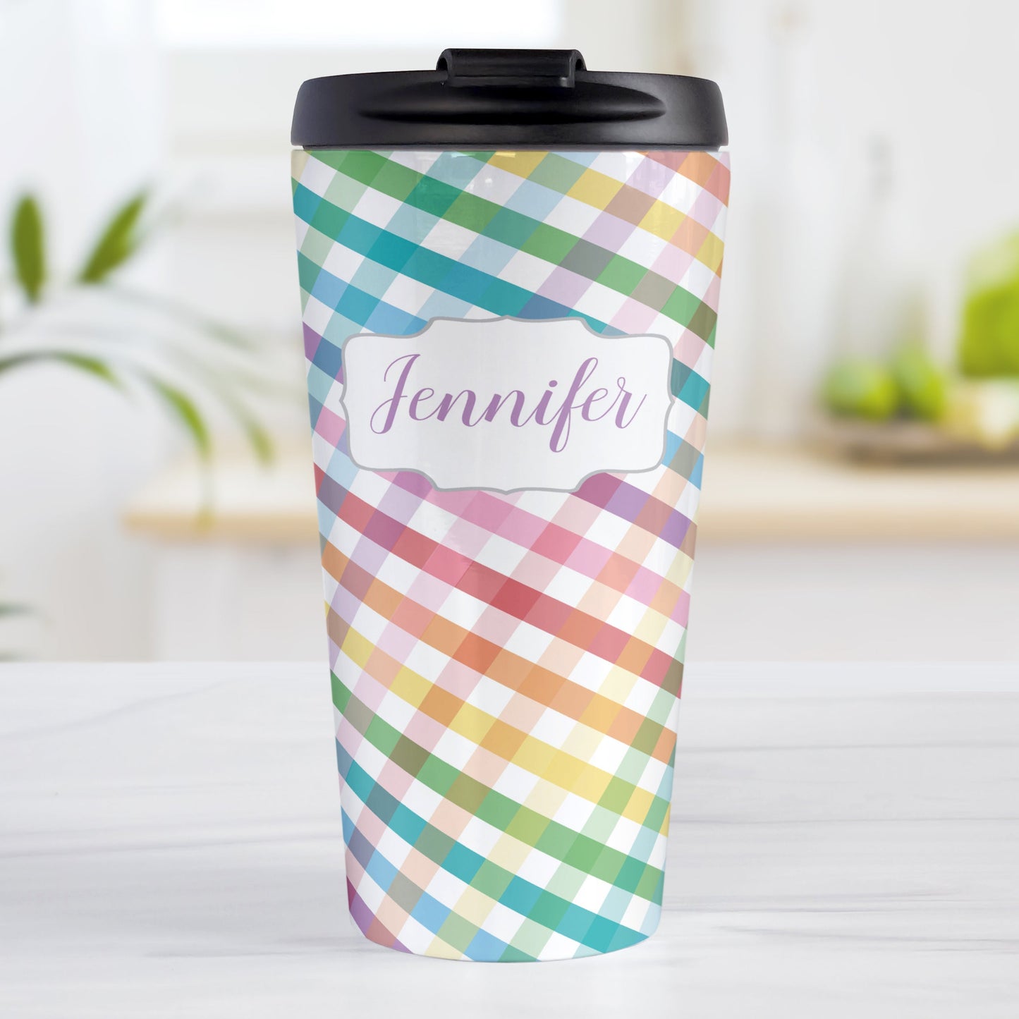 Personalized Rainbow Gingham Travel Mug (15oz, stainless steel insulated) at Amy's Coffee Mugs