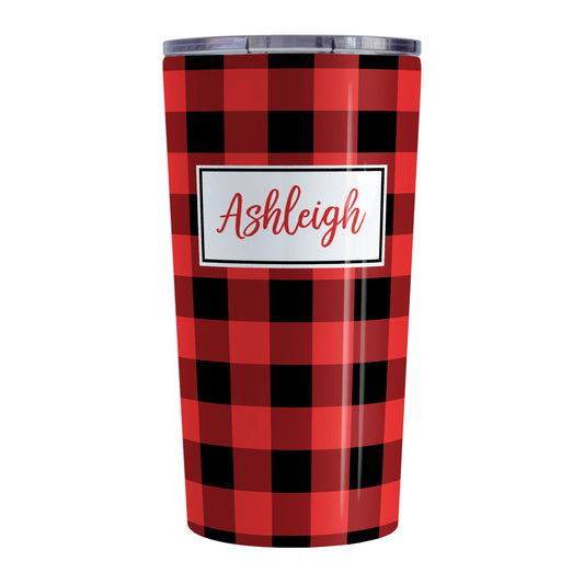 Personalized Red and Black Buffalo Plaid Tumbler Cup (20oz, stainless steel insulated) at Amy's Coffee Mugs