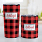 Personalized Red and Black Buffalo Plaid Tumbler Cup (20oz and 10oz, stainless steel insulated) at Amy's Coffee Mugs