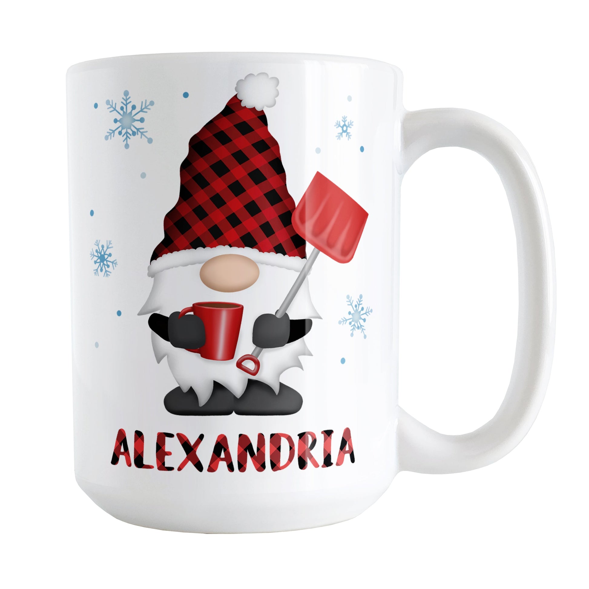 Personalized Red Buffalo Plaid Gnome Mug (15oz) at Amy's Coffee Mugs. A ceramic coffee mug designed with a gnome with a red and black buffalo plaid pattern hat and holding a hot beverage and snow shovel with snowflakes around it. This cute buffalo plaid gnome illustration, along with your name personalized in buffalo plaid below the gnome, is on both sides of the mug. 