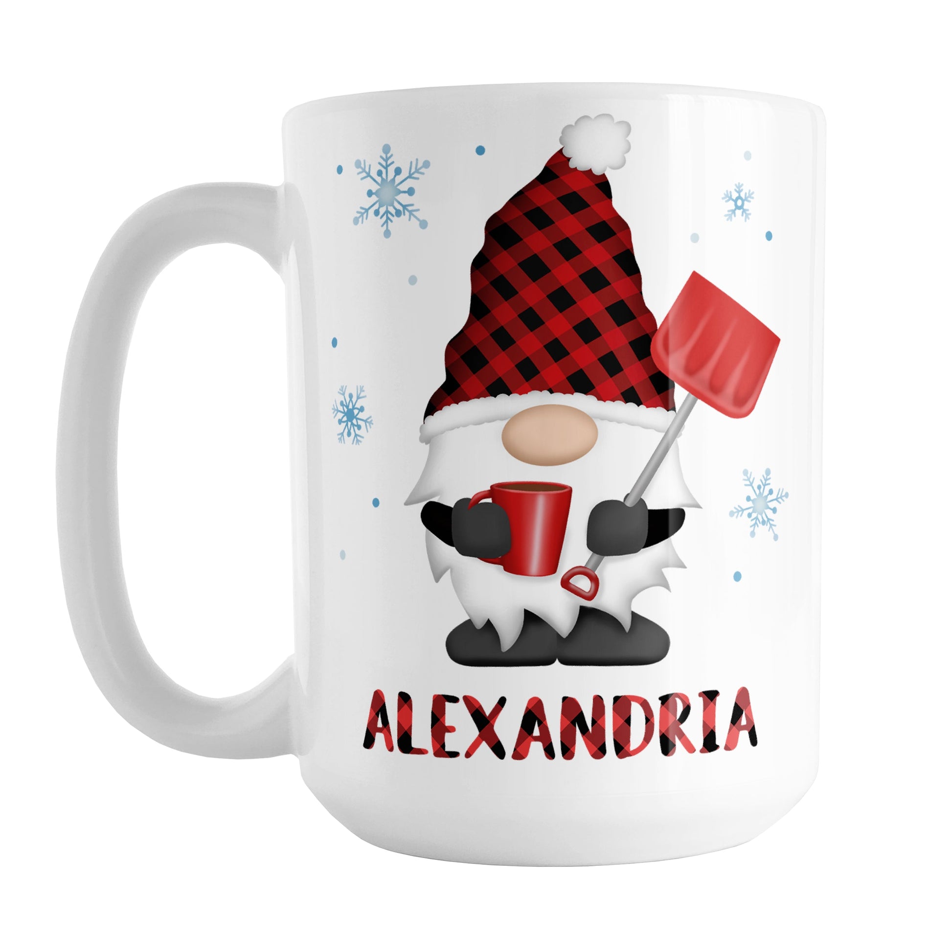 Personalized Red Buffalo Plaid Gnome Mug (15oz) at Amy's Coffee Mugs. A ceramic coffee mug designed with a gnome with a red and black buffalo plaid pattern hat and holding a hot beverage and snow shovel with snowflakes around it. This cute buffalo plaid gnome illustration, along with your name personalized in buffalo plaid below the gnome, is on both sides of the mug. 