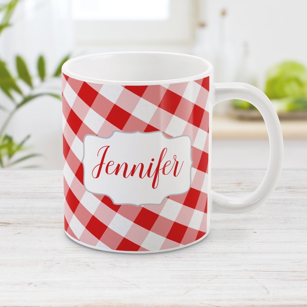 Personalized Red Gingham Mug at Amy's Coffee Mugs