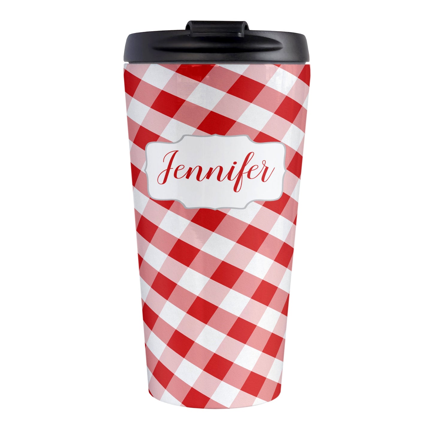 Personalized Red Gingham Travel Mug (15oz, stainless steel insulated) at Amy's Coffee Mugs
