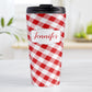 Personalized Red Gingham Travel Mug (15oz, stainless steel insulated) at Amy's Coffee Mugs. A travel mug designed with a slanted red and white gingham pattern that wraps around the travel mug. Your personalized name is custom-printed in a red script font in a white frame design over the gingham pattern.