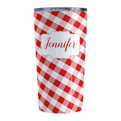Personalized Red Gingham Tumbler Cup (20oz, stainless steel insulated) at Amy's Coffee Mugs