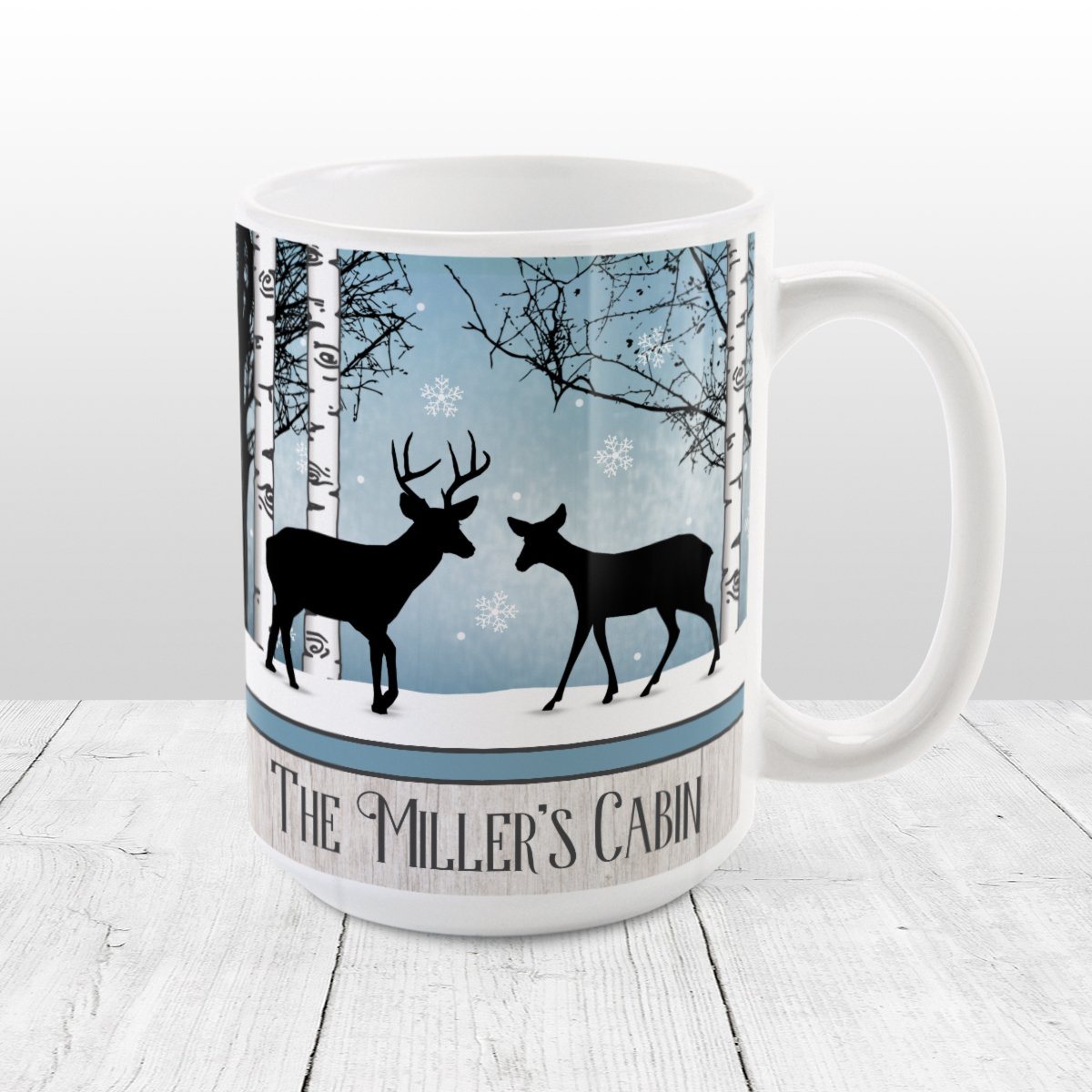 Personalized Rustic Blue Winter Deer Mug at Amy's Coffee Mugs