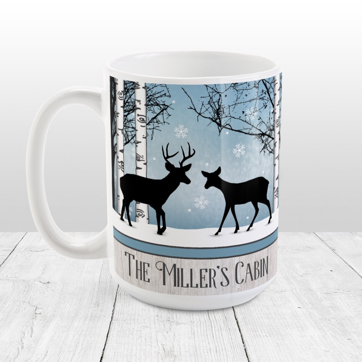 Personalized Rustic Blue Winter Deer Mug at Amy's Coffee Mugs