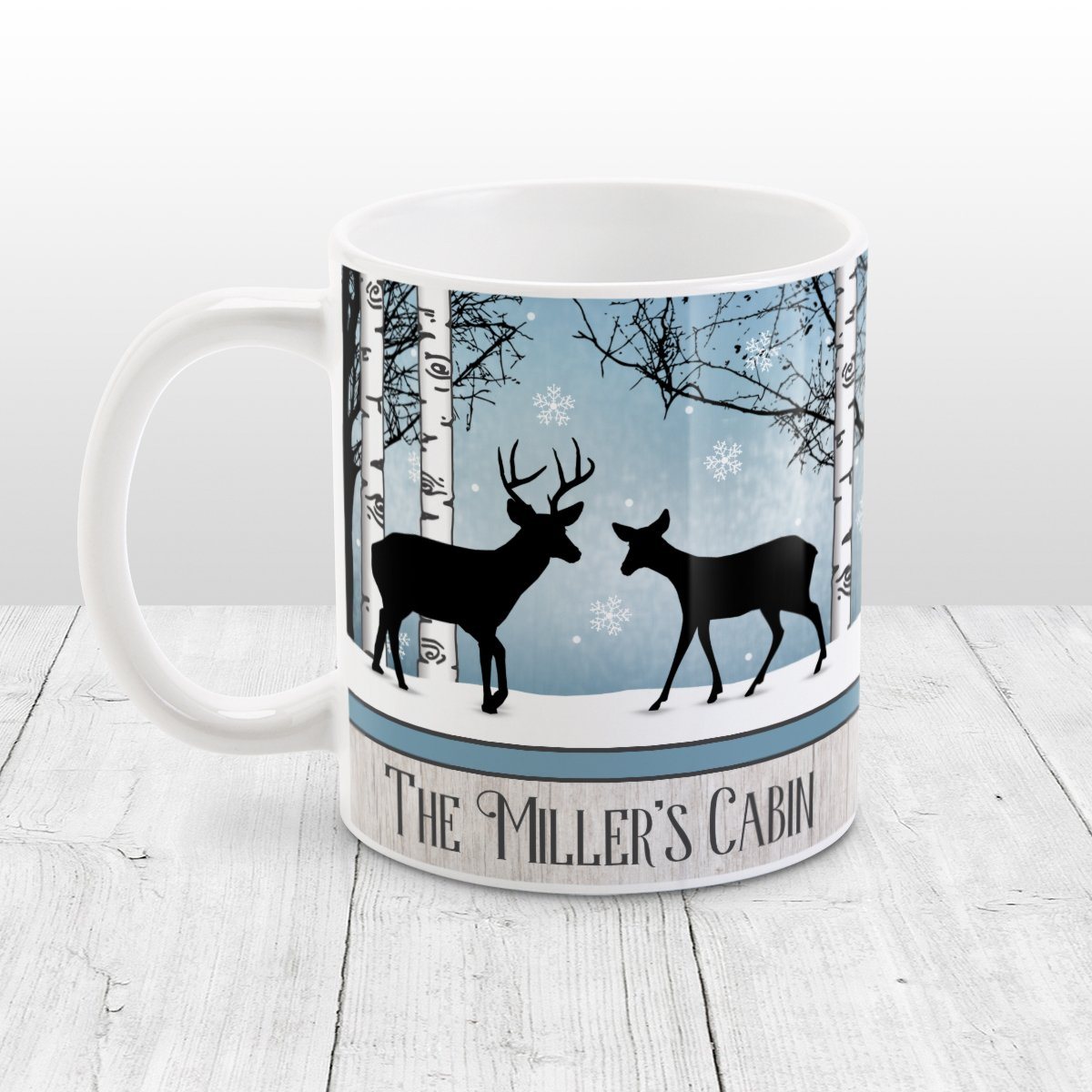 Personalized Rustic Blue Winter Deer Mug at Amy's Coffee Mugs