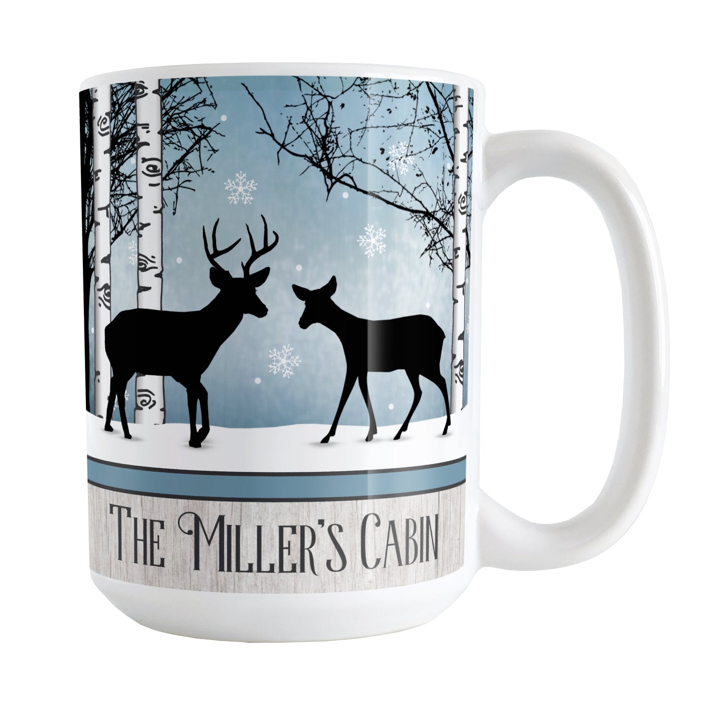 Personalized Rustic Blue Winter Deer Mug (15oz) at Amy's Coffee Mugs