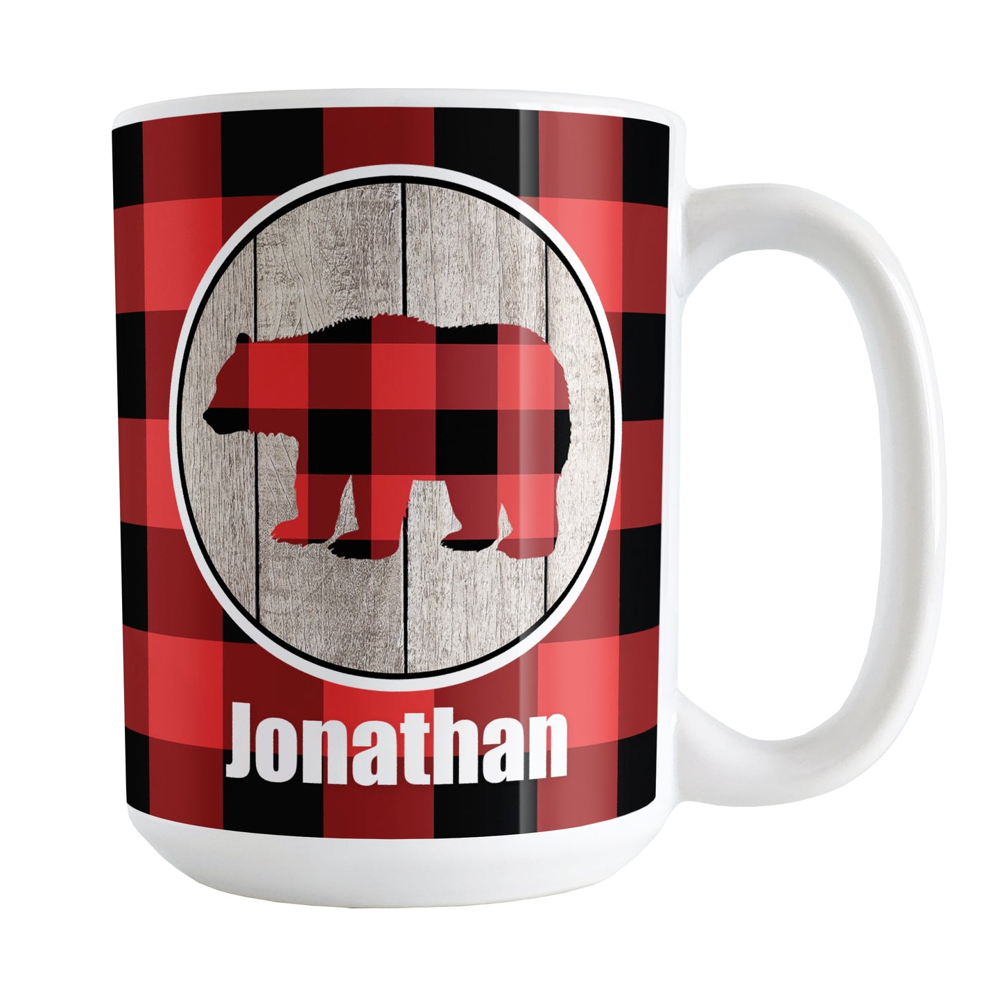 Personalized Rustic Red Buffalo Plaid Bear Mug (15oz) at Amy's Coffee Mugs. A ceramic coffee mug designed with a red and black buffalo plaid bear inside a rustic wood circle on both sides of the mug over a red and black buffalo plaid pattern that wraps around the mug to the handle. Your name is custom printed in white below the bear.