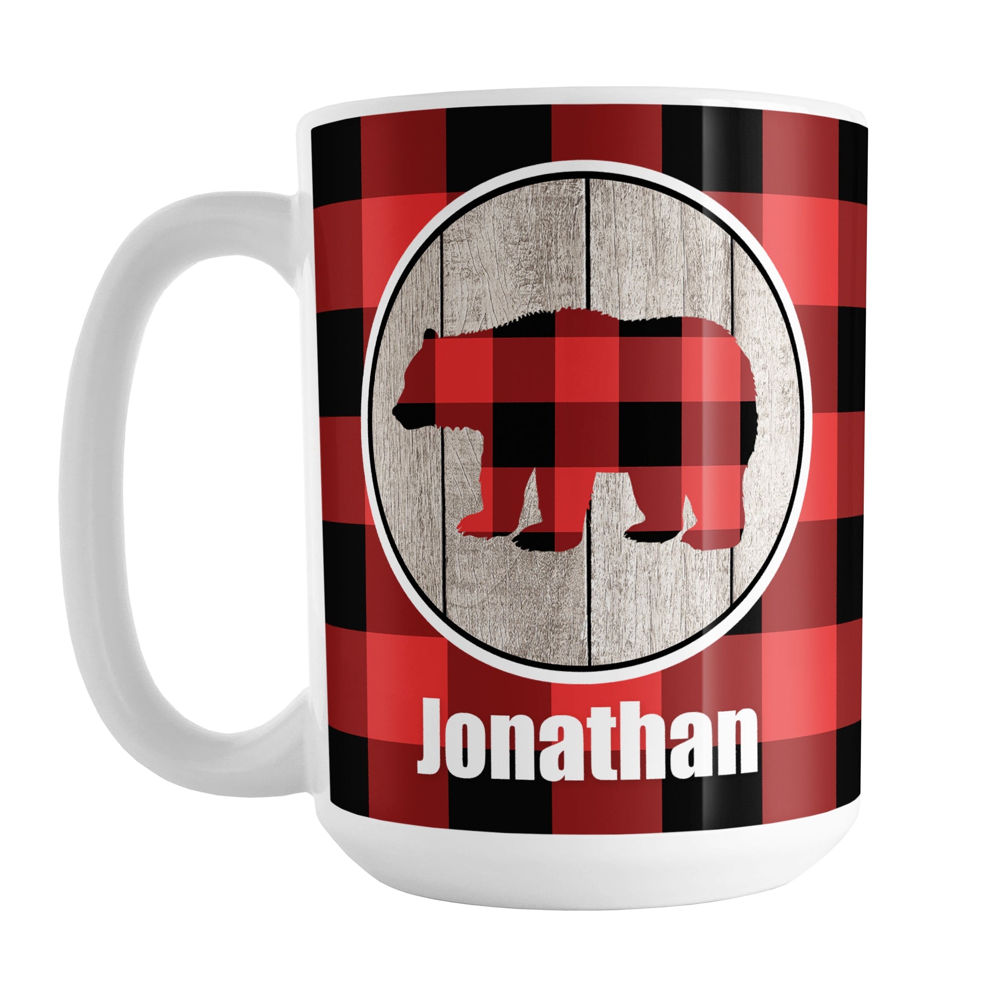Personalized Rustic Red Buffalo Plaid Bear Mug (15oz) at Amy's Coffee Mugs. A ceramic coffee mug designed with a red and black buffalo plaid bear inside a rustic wood circle on both sides of the mug over a red and black buffalo plaid pattern that wraps around the mug to the handle. Your name is custom printed in white below the bear.