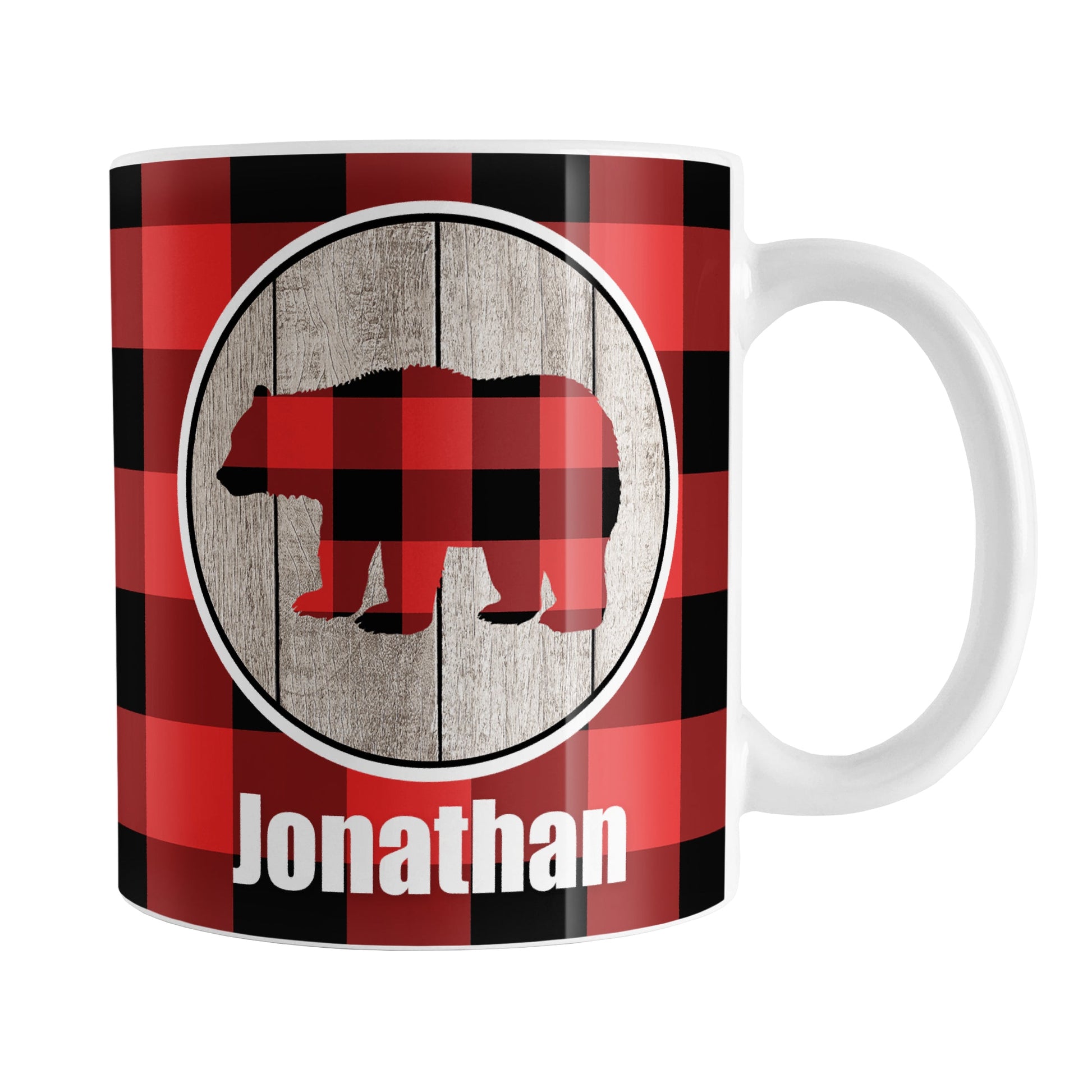 Personalized Rustic Red Buffalo Plaid Bear Mug (11oz) at Amy's Coffee Mugs. A ceramic coffee mug designed with a red and black buffalo plaid bear inside a rustic wood circle on both sides of the mug over a red and black buffalo plaid pattern that wraps around the mug to the handle. Your name is custom printed in white below the bear.