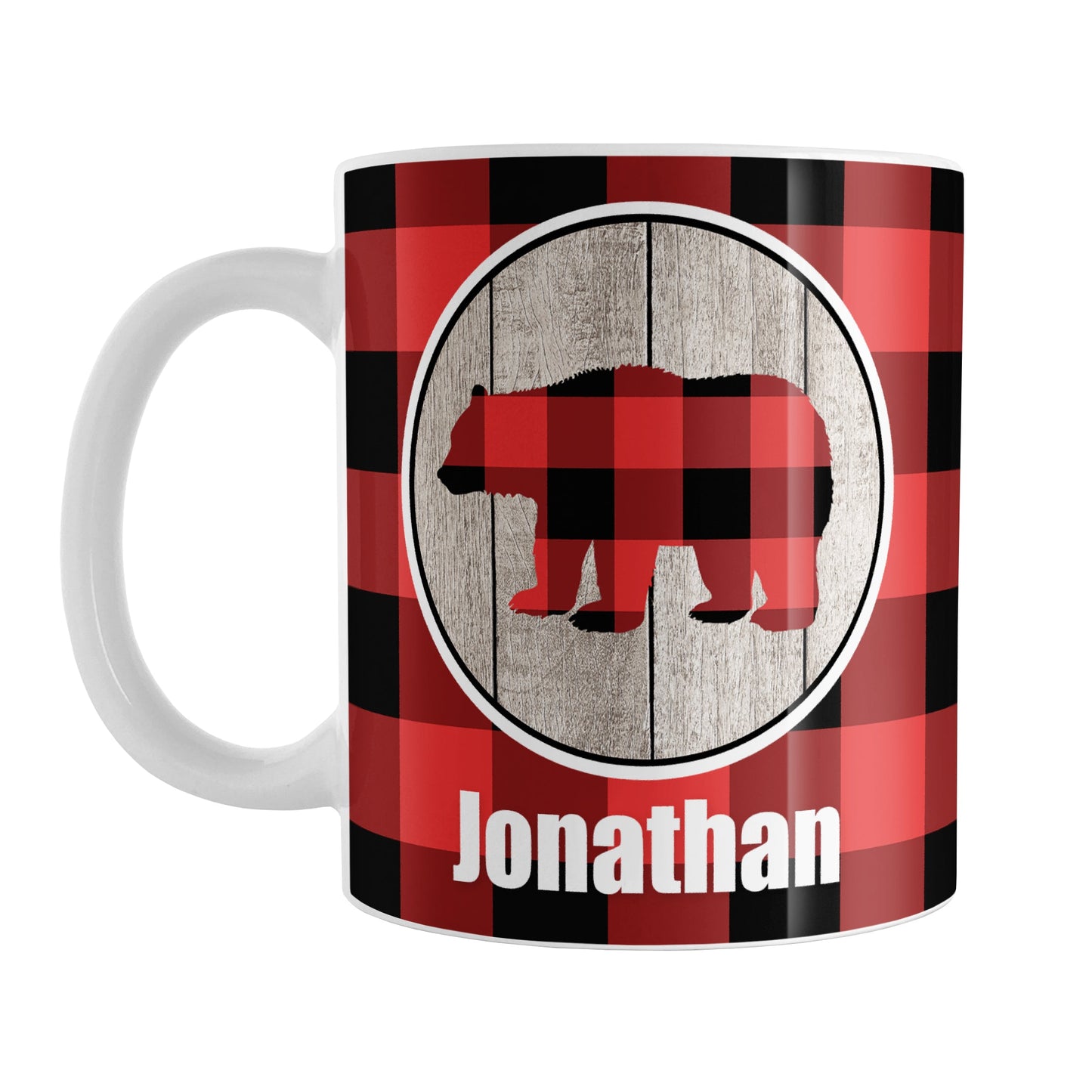 Personalized Rustic Red Buffalo Plaid Bear Mug (11oz) at Amy's Coffee Mugs. A ceramic coffee mug designed with a red and black buffalo plaid bear inside a rustic wood circle on both sides of the mug over a red and black buffalo plaid pattern that wraps around the mug to the handle. Your name is custom printed in white below the bear.