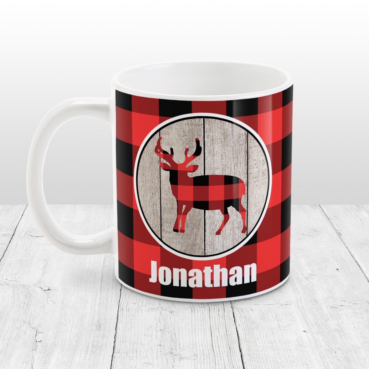 Personalized Rustic Red Buffalo Plaid Deer Mug at Amy's Coffee Mugs