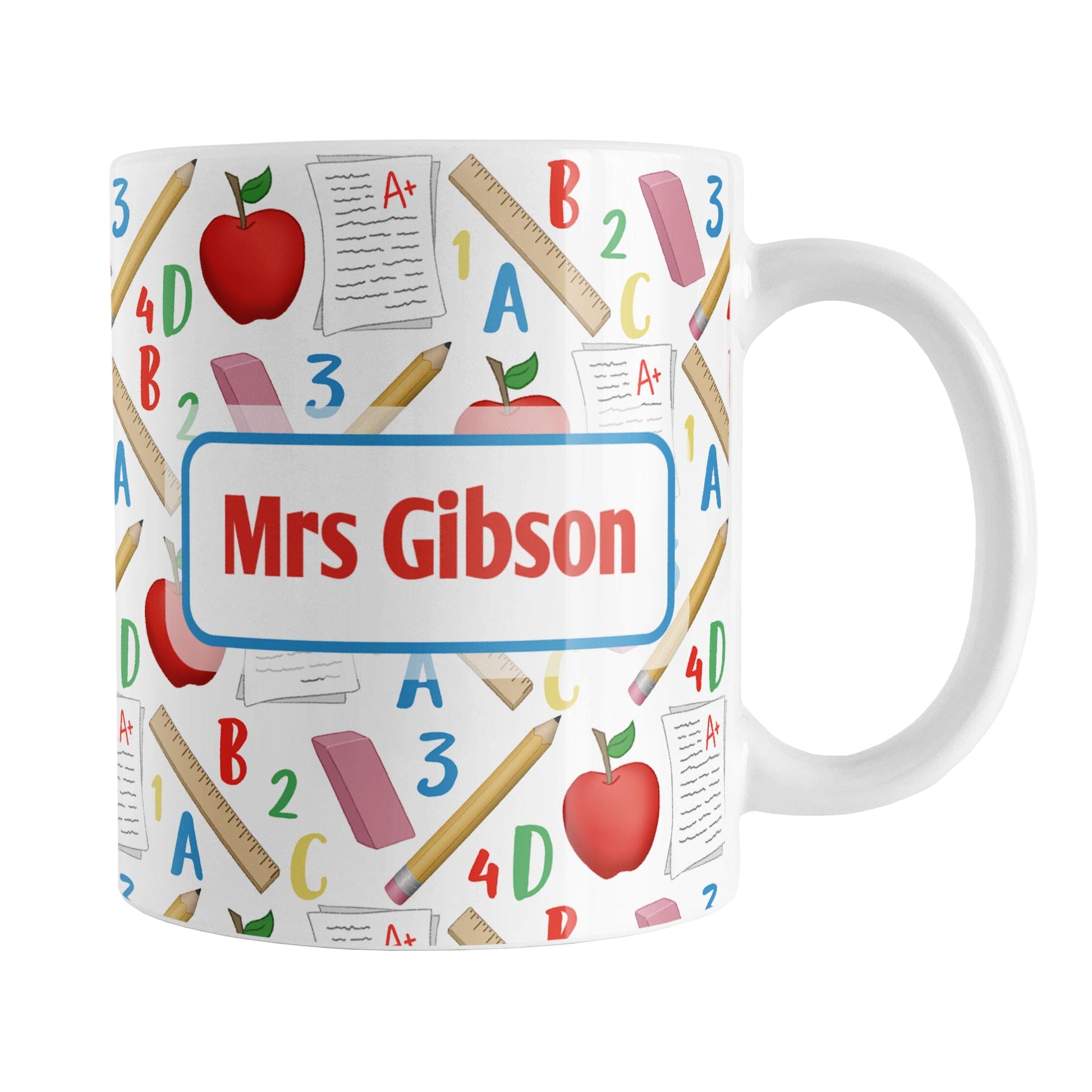 Personalized School Pattern Mug (11oz) at Amy's Coffee Mugs. A ceramic coffee mug designed with a school-themed pattern with apples, rulers, erasers, graded papers, numbers, and letters that wraps around the mug to the handle. Your personalized name or your teacher's name is custom printed on both sides of the mug over the school pattern.