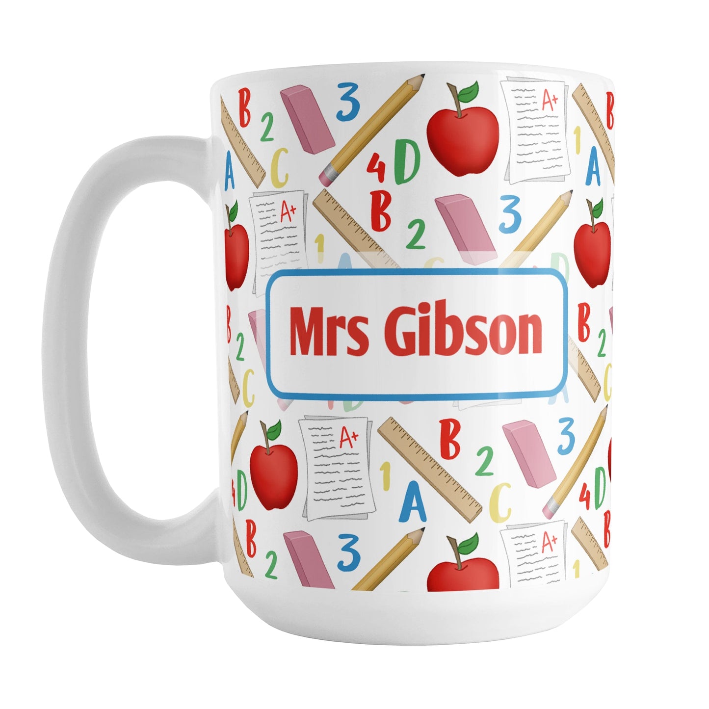 Personalized School Pattern Mug (15oz) at Amy's Coffee Mugs. A ceramic coffee mug designed with a school-themed pattern with apples, rulers, erasers, graded papers, numbers, and letters that wraps around the mug to the handle. Your personalized name or your teacher's name is custom printed on both sides of the mug over the school pattern.