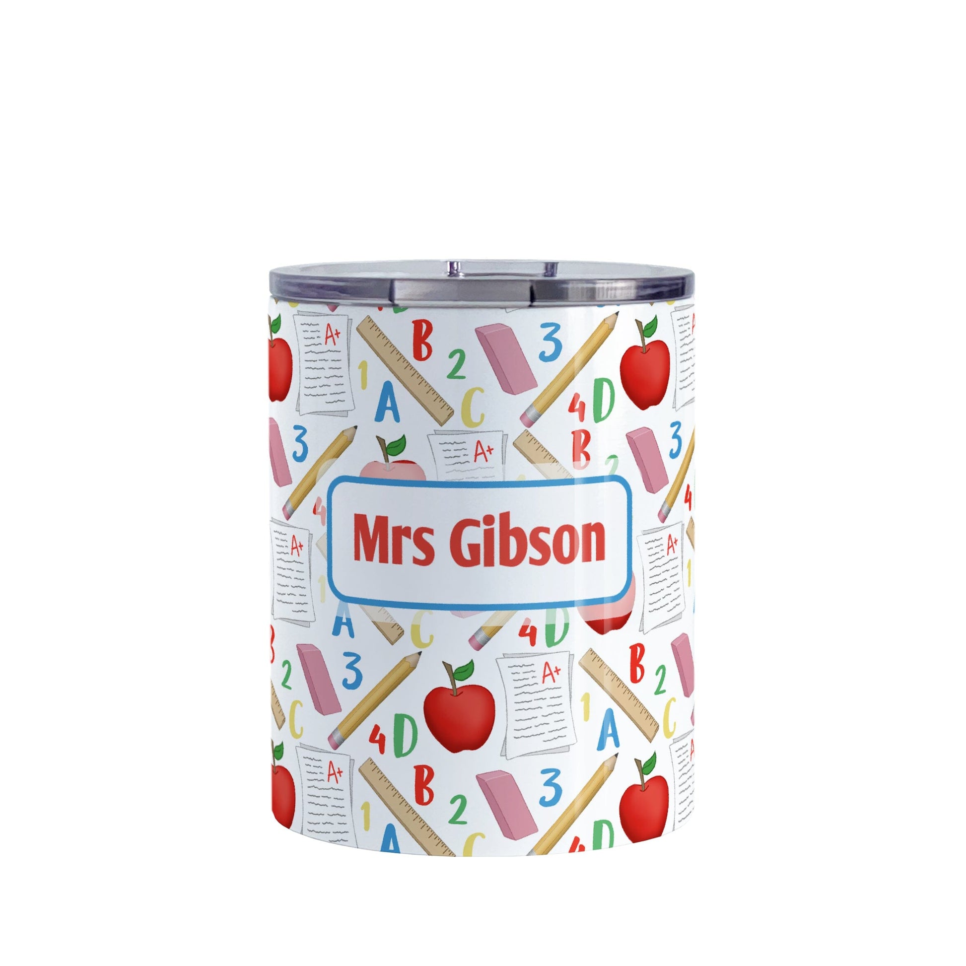 Personalized School Pattern Tumbler Cup (10oz) at Amy's Coffee Mugs. A stainless steel tumbler cup designed with a school-themed pattern with apples, rulers, erasers, graded papers, numbers, and letters that wraps around the cup. Your personalized name or your teacher's name is custom printed in red over the school pattern.