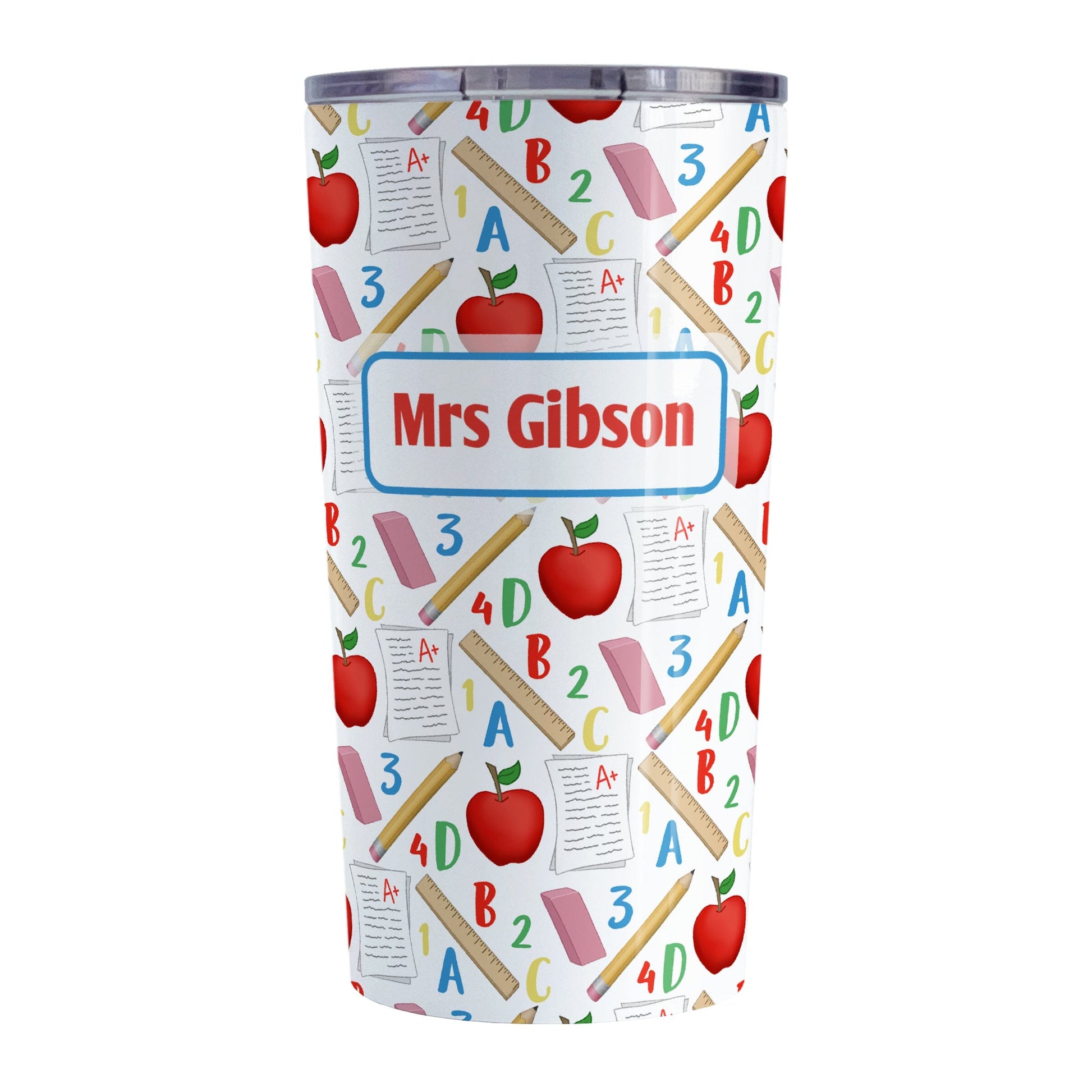 Personalized School Pattern Tumbler Cup (20oz) at Amy's Coffee Mugs. A stainless steel tumbler cup designed with a school-themed pattern with apples, rulers, erasers, graded papers, numbers, and letters that wraps around the cup. Your personalized name or your teacher's name is custom printed in red over the school pattern.