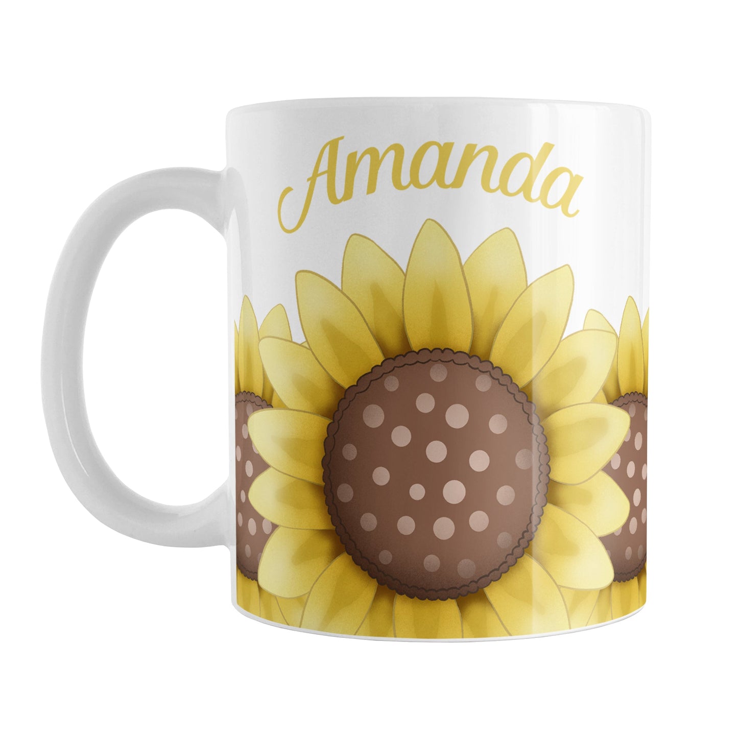 Personalized Sunflower Mug (11oz) at Amy's Coffee Mugs. A ceramic coffee mug designed with an illustration of big yellow sunflowers with a dotted brown centers along the bottom of this floral mug. Your personalized name is custom printed in a curved yellow script font above the sunflowers on both sides of the mug.