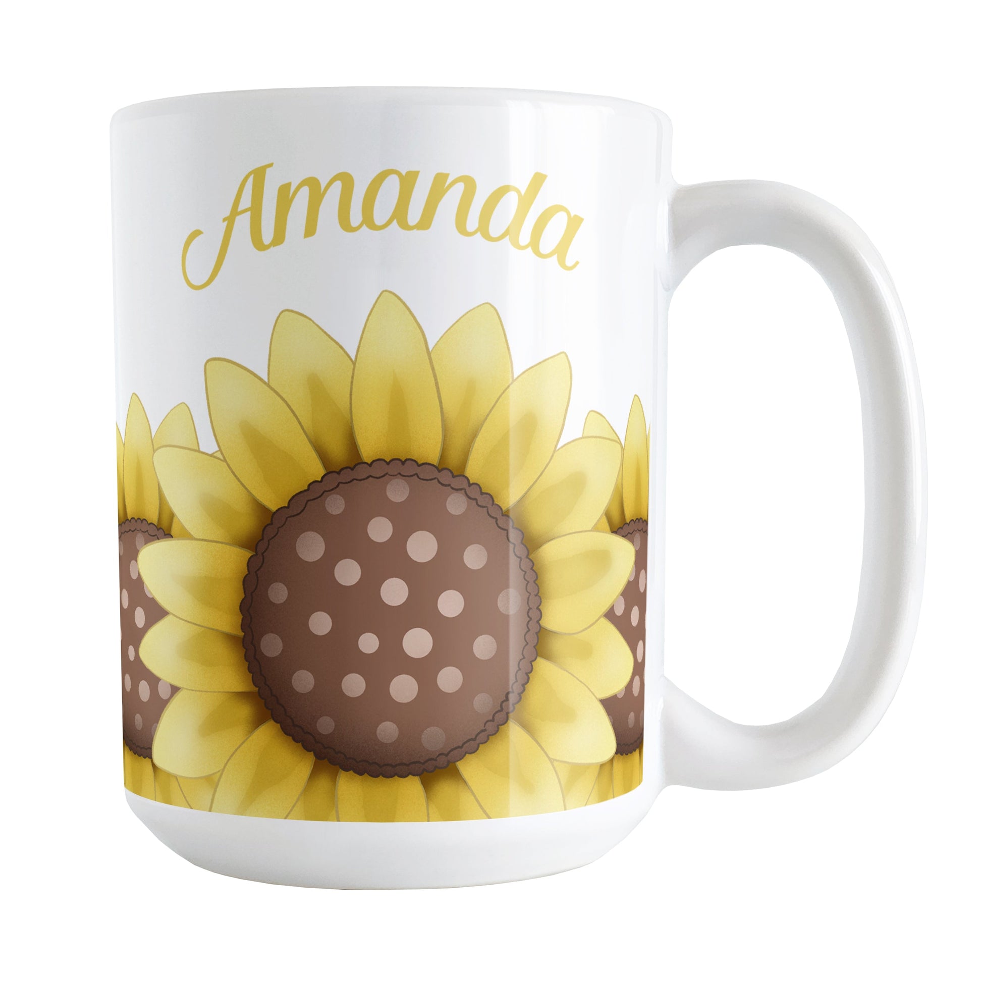 Personalized Sunflower Mug (15oz) at Amy's Coffee Mugs. A ceramic coffee mug designed with an illustration of big yellow sunflowers with a dotted brown centers along the bottom of this floral mug. Your personalized name is custom printed in a curved yellow script font above the sunflowers on both sides of the mug.