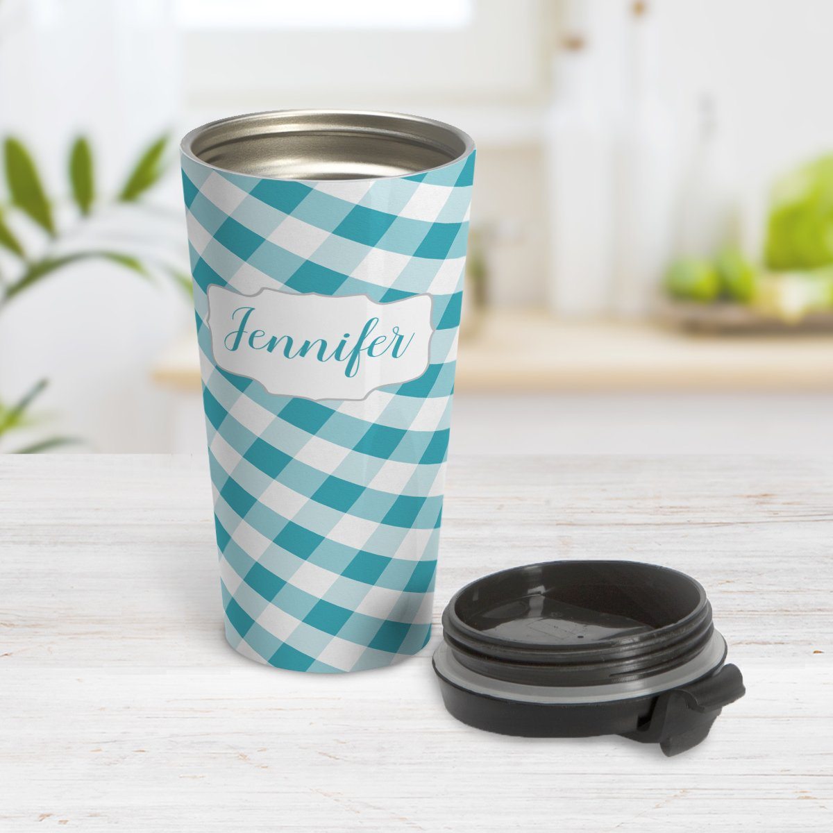 Personalized Turquoise Gingham Travel Mug at Amy's Coffee Mugs