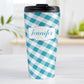 Personalized Turquoise Gingham Travel Mug (15oz, stainless steel insulated) at Amy's Coffee Mugs