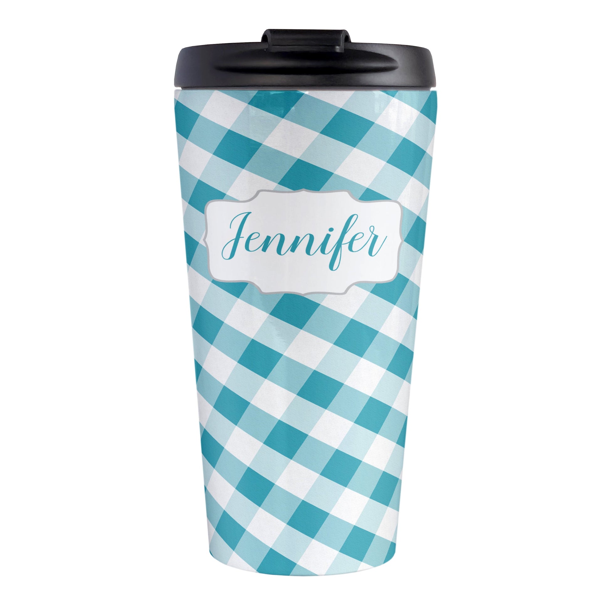 Personalized Turquoise Gingham Travel Mug (15oz, stainless steel insulated) at Amy's Coffee Mugs. A travel mug designed with a slanted turquoise and white gingham pattern that wraps around the travel mug. Your personalized name is custom-printed in a turquoise script font in a white frame design over the gingham pattern.