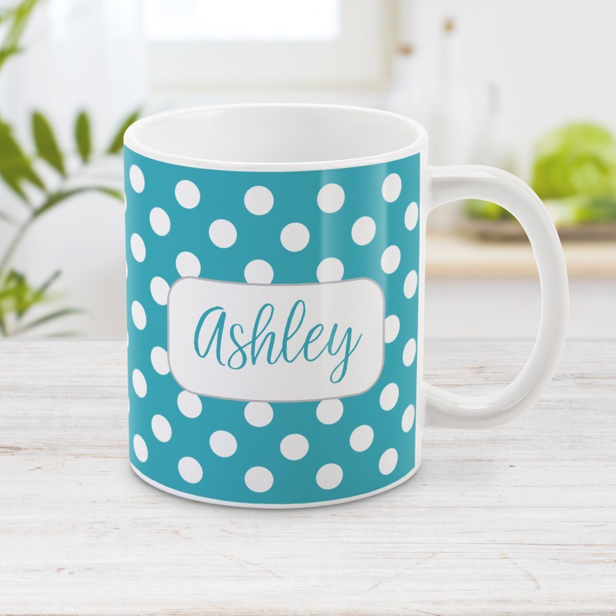 Personalized Turquoise Polka Dot Mug at Amy's Coffee Mugs