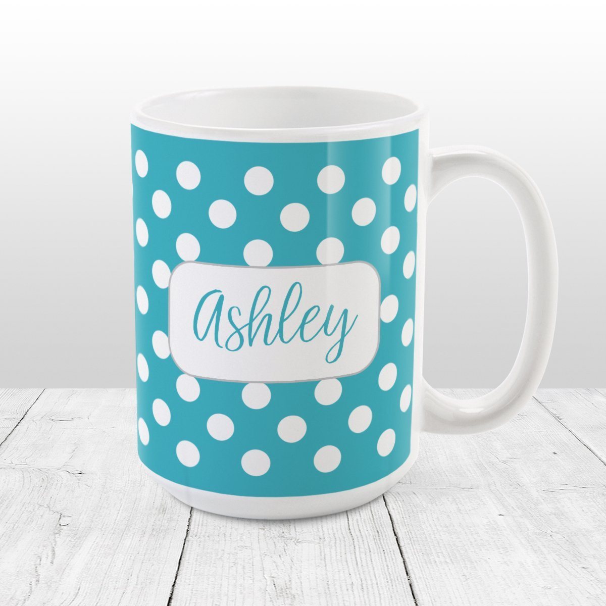 Personalized Turquoise Polka Dot Mug at Amy's Coffee Mugs