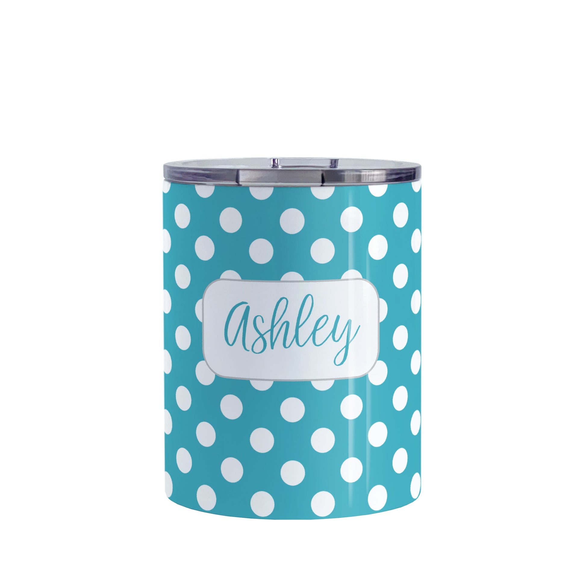 Personalized Turquoise Polka Dot Tumbler Cup (10oz, stainless steel insulated) at Amy's Coffee Mugs. A tumbler cup designed with a pattern of white polka dots over a turquoise background color that wraps around the cup. Your name is personalized in a cute turquoise script font in a white frame design over the polka dot pattern.