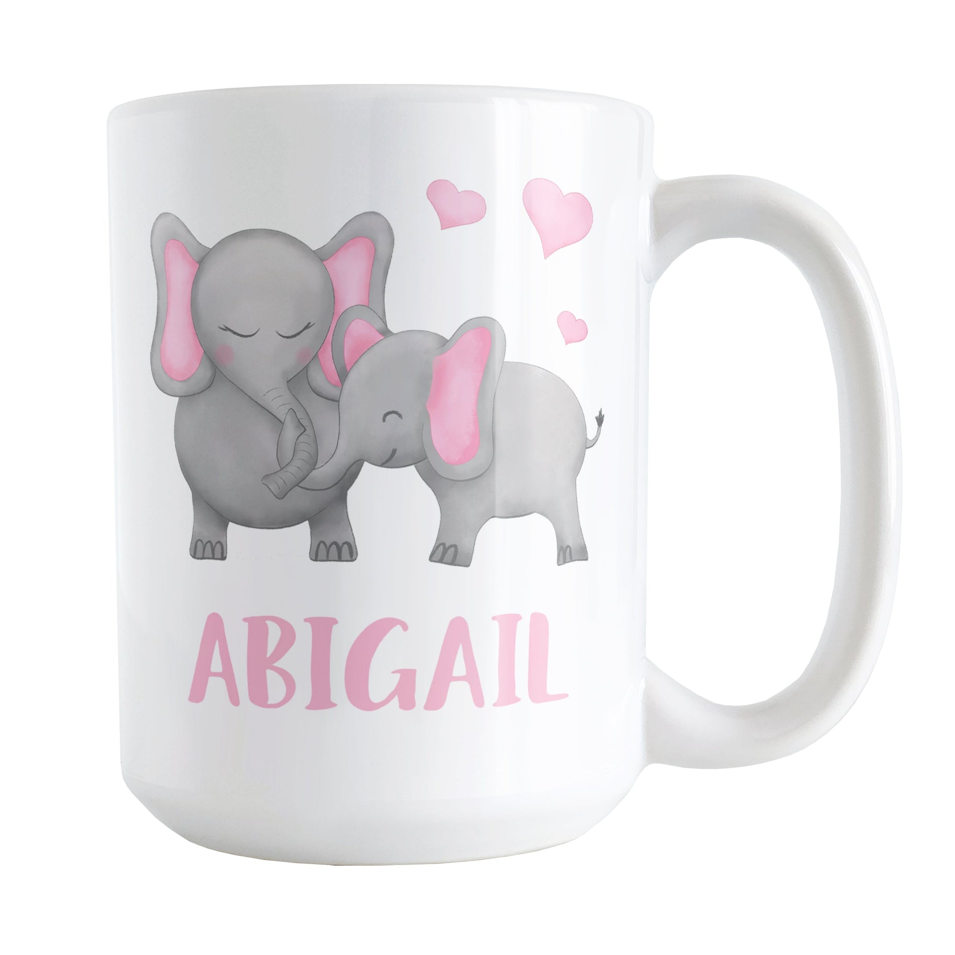 Personalized Watercolor Pink Mommy and Baby Elephants Mug (15oz) at Amy's Coffee Mugs
