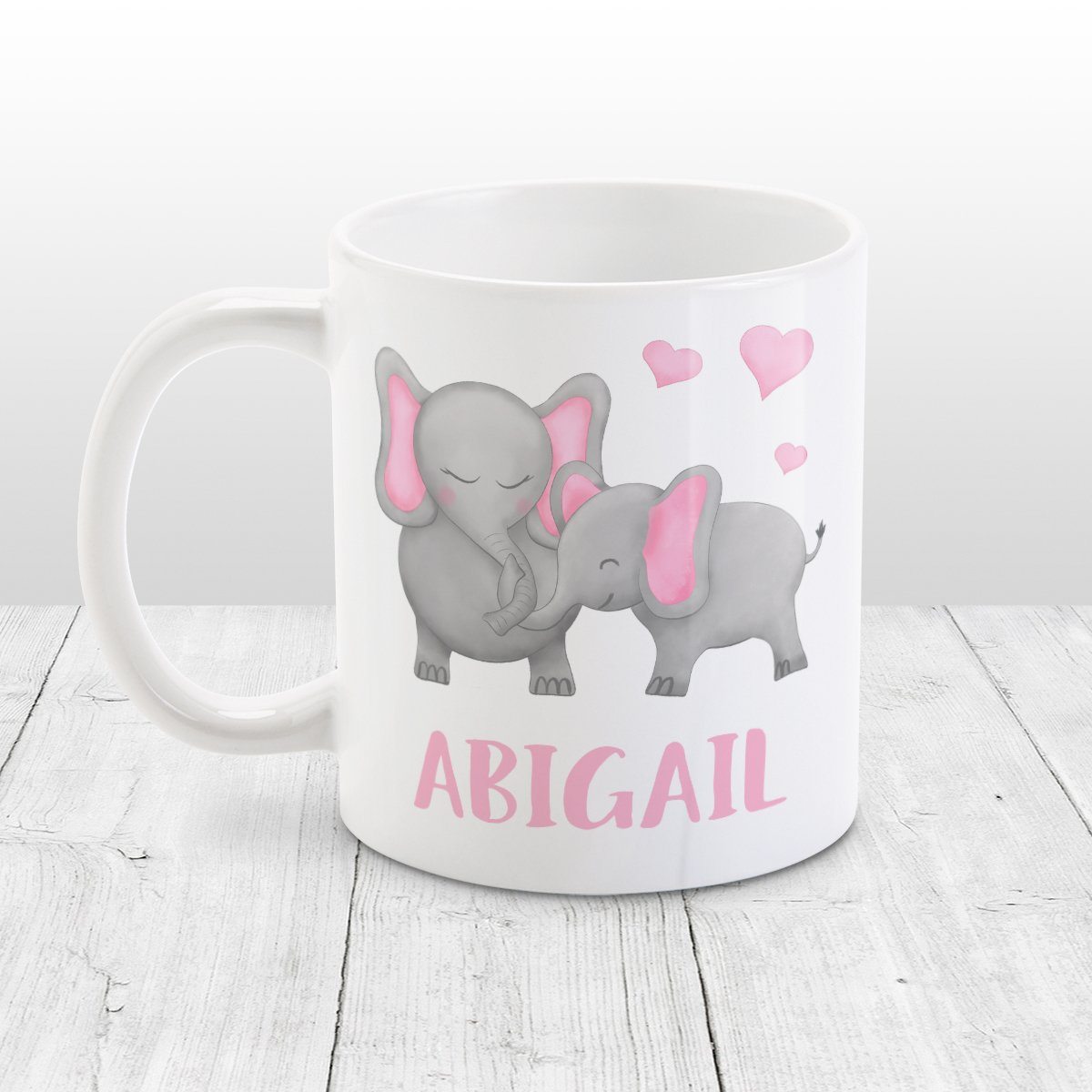 Personalized Watercolor Mommy and Baby Elephants Mug at Amy's Coffee Mugs