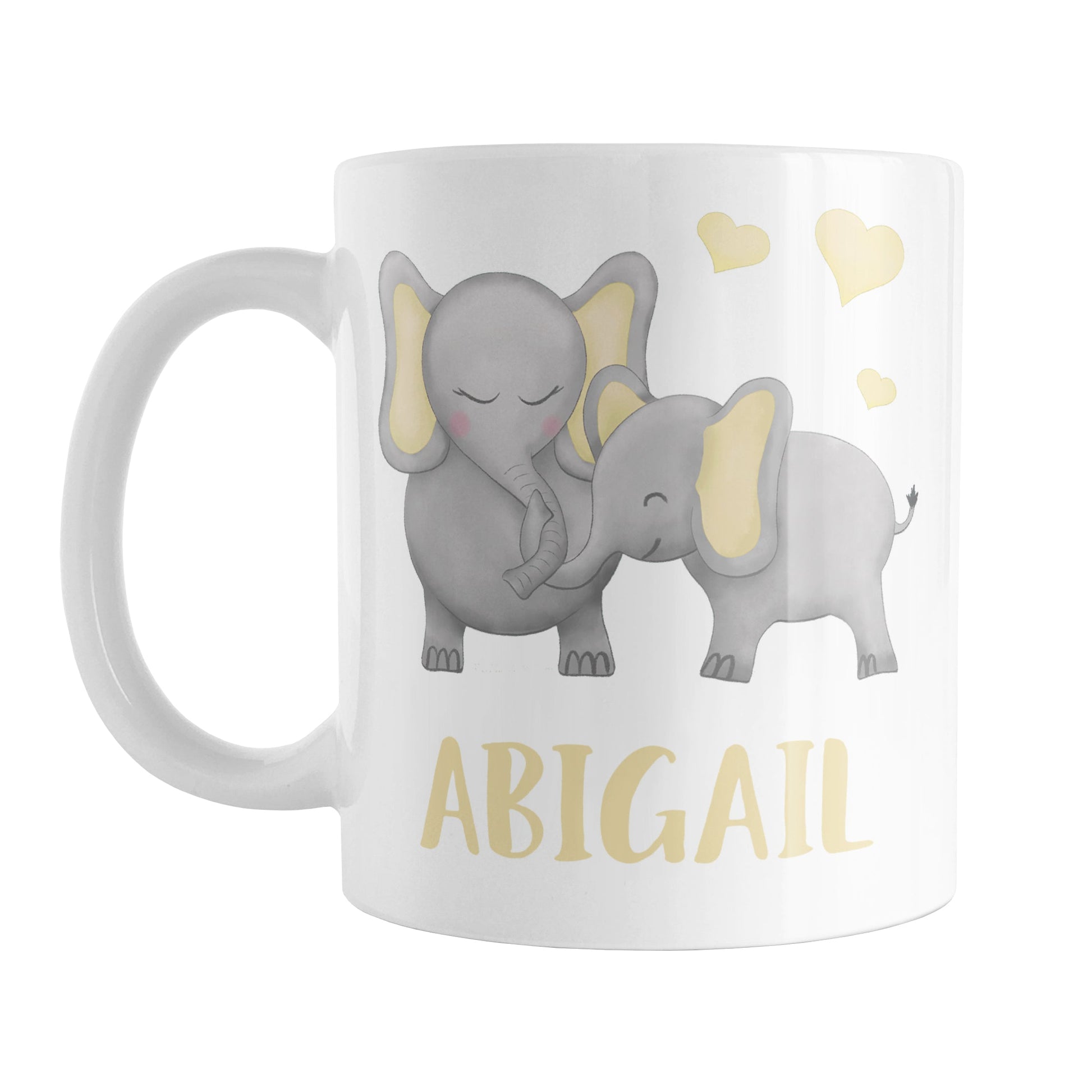 Personalized Watercolor Yellow Mommy and Baby Elephants Mug (11oz) at Amy's Coffee Mugs