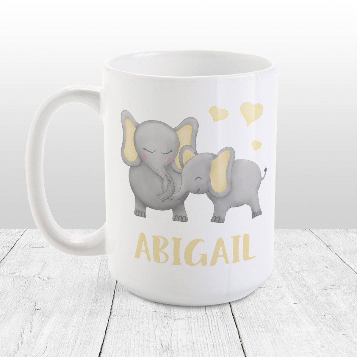 Personalized Watercolor Yellow Mommy and Baby Elephants Mug at Amy's Coffee Mugs